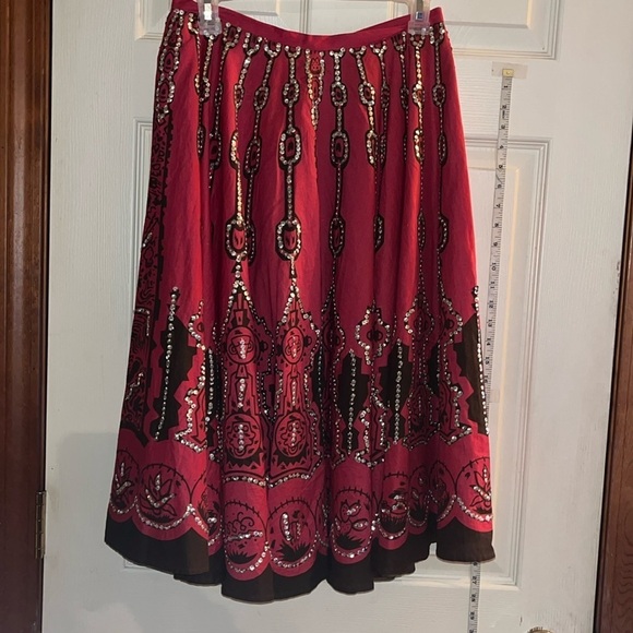 VTG-WD. NY-4-pink& brown-geometric pattern, sequence, knee length, lined skirt
￼ - Picture 1 of 12